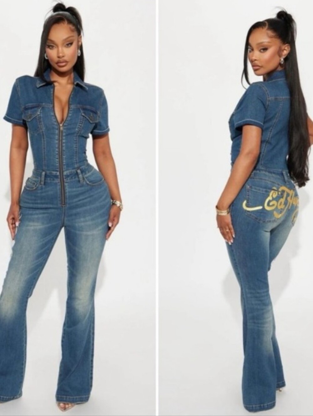 Ed Hardy Blue Denim Zip-Front Flare Jumpsuit with Gold Back Script🍓🩷🆕✨🔥🔥🎁